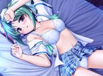  bed bekkankou blush bra brown_eyes green_hair lingerie lying open_clothes open_shirt panties pillow school_uniform shirt short_hair skirt tohyama_midori tooyama_midori underwear yoake_mae_yori_ruri_iro_na 