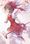  1girl :d angel_wings antenna_hair bangs blurry blurry_foreground blush bow brown_hair card_captor_sakura cherry_blossoms depth_of_field dress eyebrows_visible_through_hair from_above gloves gradient gradient_background green_eyes grey_background grin hair_bow hair_intakes hat holding holding_wand index_finger_raised kinomoto_sakura leg_up looking_at_viewer looking_to_the_side magic_circle open_mouth pinafore_dress puffy_short_sleeves puffy_sleeves red_bow red_dress red_footwear red_hat roang shirt shoes short_hair short_sleeves smile solo standing standing_on_one_leg teeth thighhighs wand white_bow white_gloves white_legwear white_shirt white_wings wings 