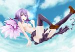  animal_ears blush breasts cloud day flying kichi_(takane) medium_breasts mystia_lorelei no_panties pink_hair purple_eyes short_hair sky solo tearing_clothes thighhighs topless torn_clothes touhou wings 