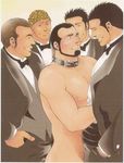  bara black_hair clothed_male_nude_male clothed_on_nude cmnm collar evening_dress male male_focus muscle nude yaoi 