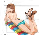  ass bad_id bad_pixiv_id bikini_bottom bikini_tan bracelet brown_eyes brown_hair butt_crack copyright_request full_body high_heels highres jewelry looking_back lying on_stomach sandals shoes short_hair smile solo strappy_heels swimsuit tan tanline tarou2 topless trim_marks 