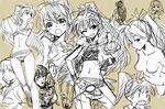  bikini chibi ganaha_hibiki hoshii_miki idolmaster idolmaster_(classic) michael midriff monochrome multiple_girls nonowa nude one_eye_closed ponytail shijou_takane sketch swimsuit 