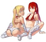  ass bikini_top blonde_hair blue_eyes boots breasts cleavage elbow_gloves fingerless_gloves gloves groin highres medium_breasts multiple_girls navel original ponytail red_eyes red_hair salamander_(jonbonjovi82) short_twintails shorts sitting spread_legs twintails wariza 