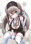  :p aqua_eyes bad_id bad_pixiv_id breasts brown_hair cleavage elbow_gloves gloves large_breasts long_hair nurse one_eye_closed original solo syringe thighhighs tongue tongue_out towashibuki twintails 