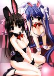  all_fours animal_ears anklet bare_legs black_eyes black_hair blue_hair blush bow breast_squeeze breasts bunny_ears bunny_girl bunny_tail bunnysuit checkered cleavage detached_collar hair_bow high_heels highres jewelry kamipani! katase_megumi kujou_amane large_breasts long_hair multiple_girls shintarou shoes tail twintails very_long_hair wrist_cuffs 