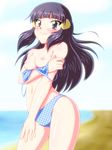  bangs beach bikini blue_hair blush breast_hold breasts day duplicate hair_ornament long_hair medium_breasts nipples platinum_berlitz pokemon pokemon_special smile solo swimsuit takappe untied 