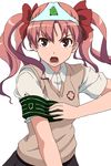  armband bow brown_hair echigo_mitsutaka gekota hair_bow object_on_head panties panties_on_head school_uniform shirai_kuroko simple_background solo sweater_vest to_aru_kagaku_no_railgun to_aru_majutsu_no_index twintails underwear 