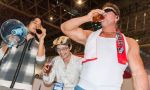  &gt;_&lt; (2ch) 2ch :d absurdres alcohol beer billy_herrington black_hair convention drinking earbuds earphones gachimuchi glass glasses highres hiroyuki laughing megaphone muscle nishimura open_mouth real_life scarf smile sunglasses tank_top xd zun zun_hat 