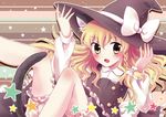  animal_ears bad_id bad_pixiv_id blonde_hair bloomers braid cat_ears fang hand_on_headwear hat kemonomimi_mode kirisame_marisa long_hair oimo solo star tail touhou underwear witch_hat yellow_eyes 