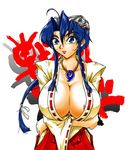  areolae blue_eyes breast_press breasts cleavage covered_nipples crossed_arms detached_sleeves goggles huge_breasts japanese_clothes jewelry kimono koyori kuma_(rusty_cage) large_breasts long_hair magatama miko necklace nipple_slip nipples no_bra open_clothes open_shirt psikyo sengoku_ace_episode_ii sengoku_blade sengoku_cannon shirt skirt smile solo tengai 