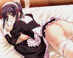  absurdres ass bed bed_sheet black_hair blush breast_press breasts brown_eyes fujikura_yuu garter_belt highres komori_kei large_breasts looking_back lying maid maid_headdress no_bra on_stomach open_mouth panties panty_pull pink_panties princess_lover ribbon short_hair sideboob solo sweat thighhighs underwear white_legwear wrist_cuffs 