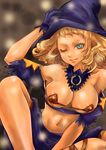  bare_shoulders blonde_hair blue_eyes breasts brown_hair hat large_breasts lord_of_vermilion navel one_eye_closed po_ni solo witch_hat 