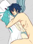  blue_hair dakimakura_(object) hatsune_miku hetero highres kaito lonely long_hair lying male_focus miyabi_miu nude on_side pillow pillow_hug sweat vocaloid 