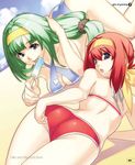  adjusting_clothes adjusting_hair adjusting_swimsuit aiba_mikoto arm_support ass back bikini blue_eyes breast_press breasts cleavage cross_edge food green_hair hairband hirano_katsuyuki licking long_hair low-tied_long_hair medium_breasts meu_(spectral_souls) multiple_girls open_mouth ponytail popsicle red_hair short_hair sideboob spectral_(series) spectral_souls swimsuit tongue 