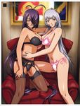  2girls bare_shoulders blush bra breasts chouun_shiryuu cleavage dark_skin female grey_hair hair_over_one_eye highres ikkitousen kan'u_unchou kanu_unchou large_breasts lingerie long_hair multiple_girls panties purple_hair sexy smile thighhighs underwear very_long_hair 