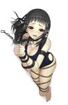  barefoot bdsm black_hair blush bondage bound chain collar hands highres leash nakabayashi_reimei one-piece_swimsuit red_eyes rope rosario+vampire school_swimsuit smile solo strap swimsuit toujou_ruby 