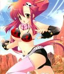  absurdres belt bikini_top blush breasts cleavage fingerless_gloves gloves highres large_breasts lens_flare light_rays long_hair ponytail red_hair scarf shigunyan shorts solo studded_belt studded_bracelet sunbeam sunlight tengen_toppa_gurren_lagann thighhighs underboob yoko_littner 