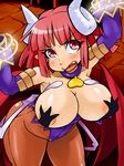  angry areola_slip areolae bat_wings blush breasts cleavage demon_girl double_typhoon gem horns huge_breasts la_pucelle legs maou_prier mole open_mouth pantyhose pointy_ears prier pubic_hair puffy_nipples red_eyes red_hair solo succubus sweat wings 