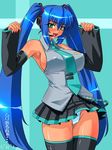  1girl blue_hair blush breasts cosplay cute dark_skin emina&amp;aki emina_(character) emina_(emina&amp;aki) female green_eyes hatsune_miku hatsune_miku_(cosplay) kagami kagami_hirotaka large_breasts long_hair original panties pantyshot sexy smile solo striped striped_panties thighhighs twintails underwear very_long_hair vocaloid 