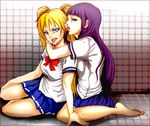  barefoot blonde_hair genderswap genderswap_(mtf) hyuuga_hinata licking multiple_girls naruko naruto naruto_(series) school_uniform sexy_no_jutsu yuri 