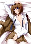  bed blue_eyes blush brown_hair crotch_seam hair_ornament lying lyrical_nanoha mahou_shoujo_lyrical_nanoha mahou_shoujo_lyrical_nanoha_a's mahou_shoujo_lyrical_nanoha_strikers military military_uniform panties panties_under_pantyhose pantyhose pencil_skirt sakura_yuu short_hair skirt skirt_lift solo thighband_pantyhose tsab_ground_military_uniform underwear uniform white_legwear x_hair_ornament yagami_hayate 