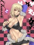  abs arm_behind_head armpits blonde_hair bra breasts checkered checkered_background choker cleavage detached_sleeves fur-trimmed_sleeves fur-trimmed_waist_cape fur_trim houtengeki large_breasts lingerie navel parted_lips ragnarok_online red_eyes short_shorts shorts solo stalker underwear waist_cape 