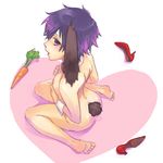  animal_ears back barefoot bunny_ears bunny_tail carrot collar feet flat_chest heart high_heels kemonomimi_mode lowres mhr nipples nude persona persona_4 purple_hair pussy_juice red_footwear shirogane_naoto shoes short_hair sitting solo tail wariza 