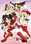  absurdres animal_costume antlers artoria_pendragon_(all) bell black_hair blonde_hair blue_eyes boots candy candy_cane christmas detached_sleeves elbow_gloves fate/stay_night fate_(series) food gloves green_eyes hair_ribbon hat highres holly illyasviel_von_einzbern kawamura_takayasu long_hair multiple_girls red_eyes reindeer_costume ribbon saber santa_costume santa_hat short_hair silver_hair thighhighs toosaka_rin two_side_up 