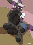  4_toes anthro big_breasts breasts clothed clothing eeveelution foot_focus fully_clothed hair multicolored_hair nintendo paws pok&eacute;mon pok&eacute;mon_(species) purple_eyes shiny_pok&eacute;mon sofa toes umbreon video_games zp92 