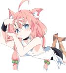 1girl ahoge animal_ear_fluff animal_ears black_shorts cat_ears feet_up hair_bobbles hair_ornament hinata_channel ixy loose_clothes low_twintails lying mismatched_legwear nekomiya_hinata on_stomach orange_legwear pink_hair shorts simple_background striped striped_legwear twintails vest virtual_youtuber white_background white_tank_top white_vest 
