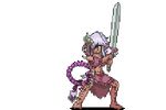  amazon amazoness_(monster_girl_encyclopedia) animated animated_gif dark_skin exet full_body green_eyes long_hair lowres monster_girl monster_girl_encyclopedia pixel_art pointy_ears purple_hair silver_hair solo standing sword tattoo transparent_background weapon 