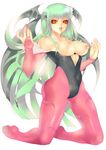  absurdres animal_print bat_print bat_wings breasts demon_girl elbow_gloves gloves green_hair highres large_breasts long_hair morrigan_aensland nipples pantyhose print_legwear solo succubus tomohide vampire_(game) wings yellow_eyes 