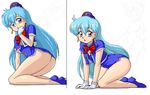  blue_hair dress legs long_hair miniskirt purple_eyes short_dress skirt stewardess tenjouin_katsura thighs yat_anshin_uchuu_ryokou 