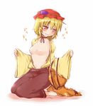  aki_minoriko barefoot blonde_hair blush breasts food fruit grapes harunatsu_akito hat kneeling medium_breasts navel nervous nipples open_clothes open_shirt orange_eyes shirt shy sketch solo touhou 