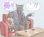  age_difference animal_genitalia animal_penis anthro balls beverage clothed clothing coffee cub cup digital_media_(artwork) domestic_cat duo father father_and_son felid feline felis lavilovi male mammal parent penis sheath simple_background sitting sofa son tired young 