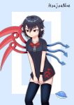  1girl absurdres asymmetrical_wings black_dress black_hair black_legwear character_name dress dress_tug frown hair_between_eyes highres houjuu_nue kgkg300 red_eyes short_dress short_hair solo tears thighhighs touhou ufo wings 