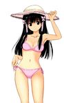  armpits artist_request bangs bikini black_eyes black_hair breasts cleavage collarbone covered_nipples frilled_hat frills groin hair_ribbon hand_up hat hat_tip highres lace lace-trimmed_bikini light_smile long_hair looking_at_viewer murasame_oshizu navel purple_bikini ribbon side-tie_bikini sidelocks simple_background small_breasts smile solo standing strap_pull sun_hat swimsuit third-party_edit to_love-ru tress_ribbon white_background 