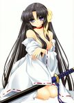  bare_shoulders black_hair breasts choker hair_censor hair_over_breasts highres hinoue_itaru japanese_clothes kneeling kurugaya_yuiko little_busters! long_hair off_shoulder sheath sheathed solo sword weapon 