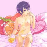  bed eating flat_chest hands honey jar lowres mhr nipples panties persona persona_4 purple_hair shirogane_naoto short_hair solo topless underwear 