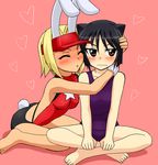  animal_ears arcana_heart arcana_heart_2 black_hair blonde_hair blush bunny_ears bunny_tail cat_ears catherine_kyoubashi closed_eyes daidouji_kira dark_skin flat_chest hand_on_head heart hug imminent_kiss indian_style leotard multiple_girls nervous one-piece_swimsuit open_mouth red_eyes red_leotard school_swimsuit short_hair sitting star swimsuit tail visor_cap wristband yanagi_kawa yuri 