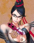  aiming_at_viewer bayonetta bayonetta_(character) bodysuit breasts cleavage cleavage_cutout glasses gloves gun handgun jewelry kt large_breasts lipstick long_hair makeup mole mole_under_mouth solo weapon 