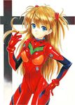  bangs blue_eyes bodysuit bracer breasts brown_hair cowboy_shot gloves hair_between_eyes hair_flip hair_ornament hand_on_own_thigh light_smile long_hair looking_at_viewer nami_pontax neon_genesis_evangelion number pilot_suit plugsuit shiny shiny_clothes skinny small_breasts smile solo souryuu_asuka_langley traditional_media turtleneck two_side_up very_long_hair 