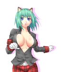  :o animal_ears armband bangs belt blue_eyes blush body_blush breasts bursting_breasts buttons cat_ears center_opening gloves green_hair hairband healer_u_(armor) large_breasts monster_hunter no_bra nurse open_clothes open_mouth open_shirt plaid shadow shirt short_hair simple_background solo surprised surume_(clavis) unbuttoned wardrobe_malfunction 