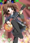  bad_id bad_pixiv_id blush brown_eyes brown_hair feet guitar hair_ornament hairclip highres hirasawa_yui instrument k-on! kyohei les_paul panties panties_under_pantyhose pantyhose pantyshot school_uniform short_hair solo underwear upskirt 