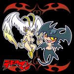  1girl antennae arms_behind_back blonde_pubic_hair breasts chibi claws demon demon_girl demon_wings devilman devilman_(character) excessive_pubic_hair fang fudou_akira head_wings large_breasts nude pubic_hair red_eyes siren_(devilman) smile tail wings yellow_eyes yellow_sclera 