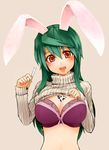  absurdres animal_ears bra breasts bunny_ears cleavage drinking_straw green_hair h_(158cm) highres large_breasts lingerie original red_eyes shirt_lift solo sweater underwear vanilla_(neoshino) 