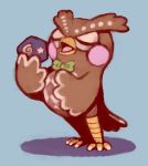  avian beak bird blathers blue_background blush bow_tie brown_feathers claws eyes_closed feathers open_mouth owl pink_cheeks simple_background sissi6 toe_claws 