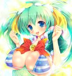  bikini_top blue_eyes bow breast_rest breasts covered_nipples food fruit green_hair huge_breasts melon melon-chan melonbooks solo teruru twintails yellow_bow 