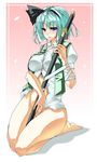  bad_id bad_pixiv_id bandages barefoot blue_eyes bottomless bow breasts hair_bow hands impossible_clothes impossible_shirt kneeling konpaku_youmu large_breasts open_clothes open_shirt shirt solo sword toono_yayoi touhou weapon white_hair wide_hips 