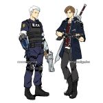  2boys blonde_hair blue_eyes brown_hair capcom claws company_connection cosplay costume_switch devil_may_cry devil_may_cry_5 fingerless_gloves full_body gloves gun handgun highres jacket leon_s_kennedy male_focus multiple_boys naomig nero_(devil_may_cry) police police_uniform resident_evil resident_evil_2 short_hair sword uniform weapon white_hair 